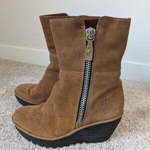 Fly London Yex Fold Over Suede Wedge Zip Ankle Boots Sz 7